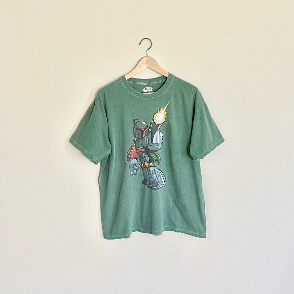 Vintage Y2K Star Wars Boba Fett Cartoon Graphic Green T Shirt Adult size Large